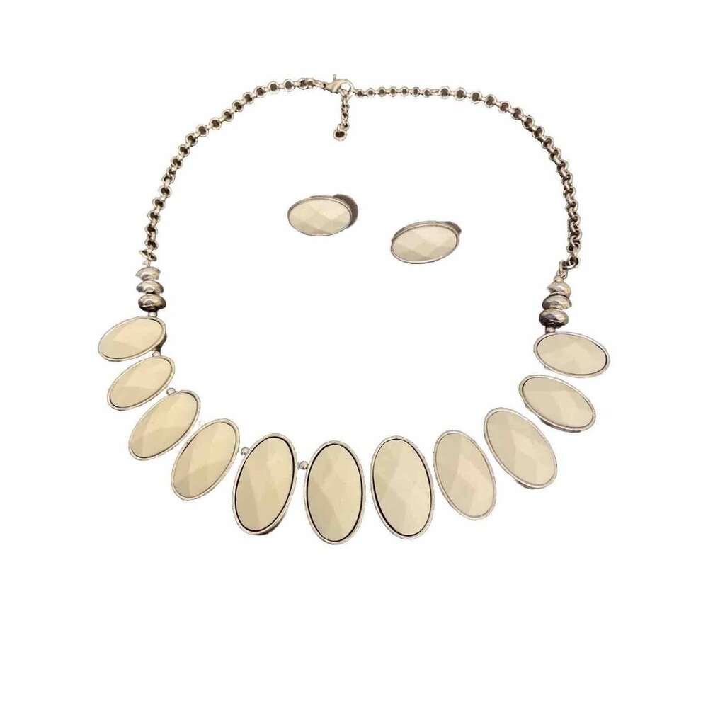 Vtg Silver Tone Ivory Lucite Faceted Oval Cabachon Bib Choker Necklace  Earrings